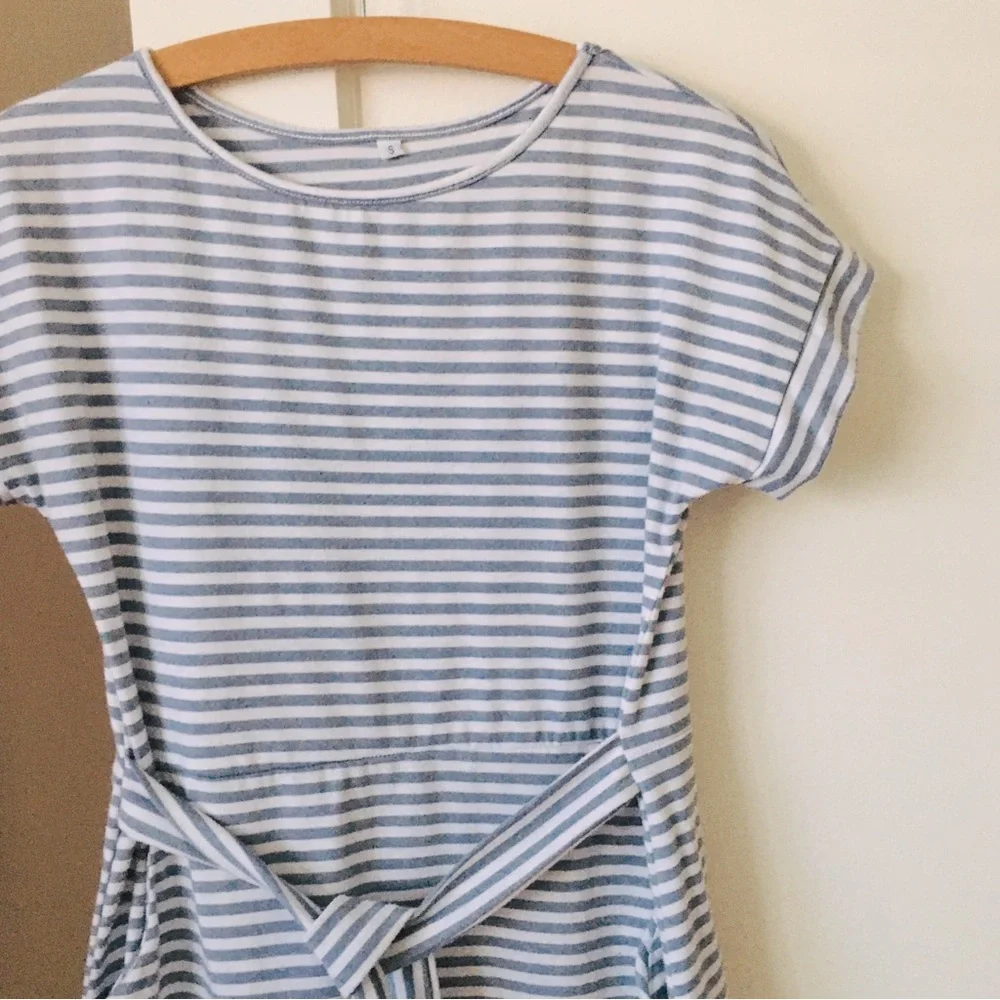 LP Gray White Horizontal Stripes Casual Knee Length Knit Dress Belted - Picture 3 of 8